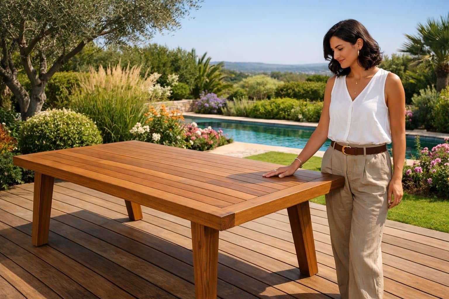 découvrez notre table de jardin en teck alliant élégance naturelle, robustesse et design pour sublimer votre espace extérieur.