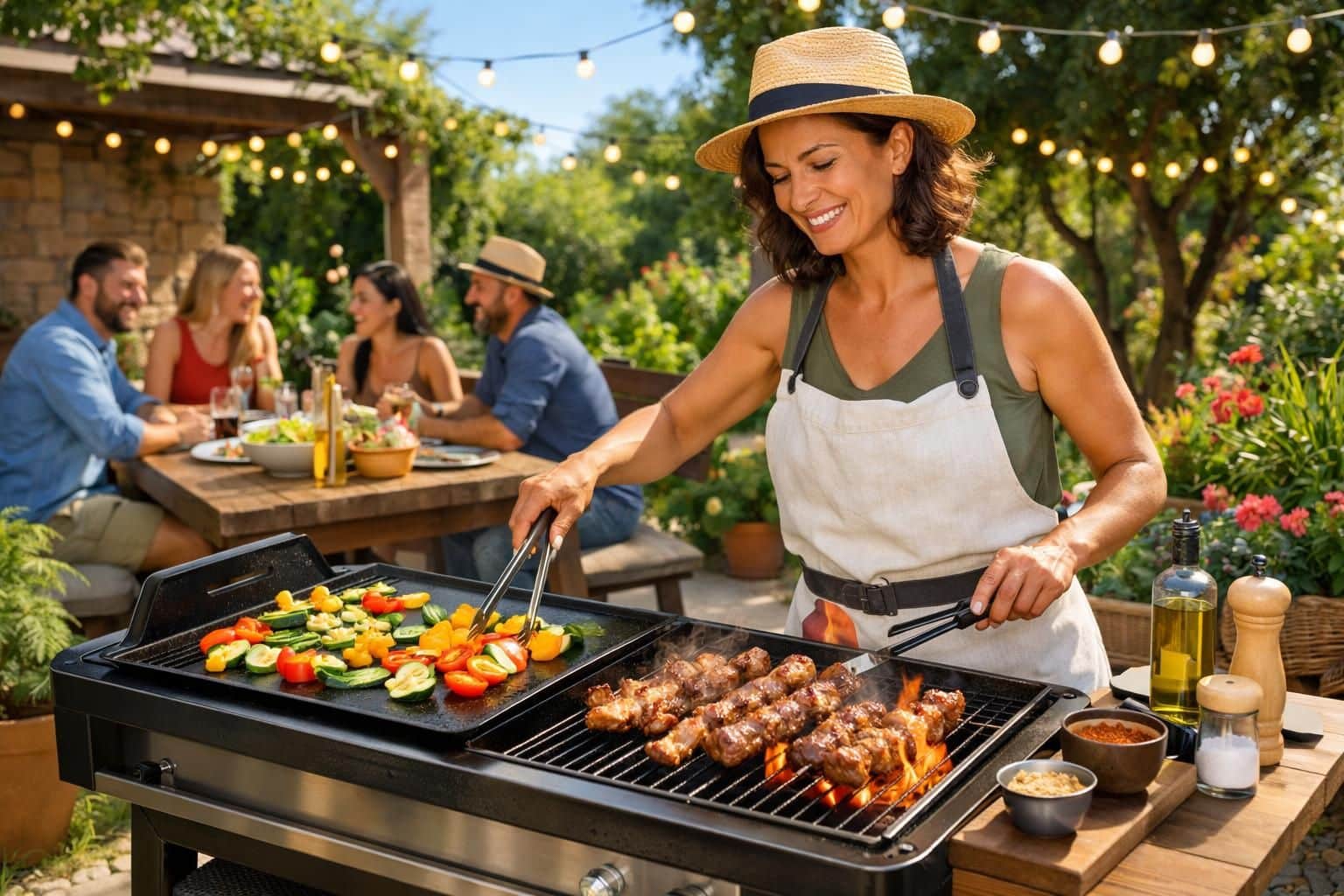 découvrez l'appareil de cuisson 2 en 1 alliant barbecue et plancha, idéal pour des repas conviviaux et variés en toute simplicité.