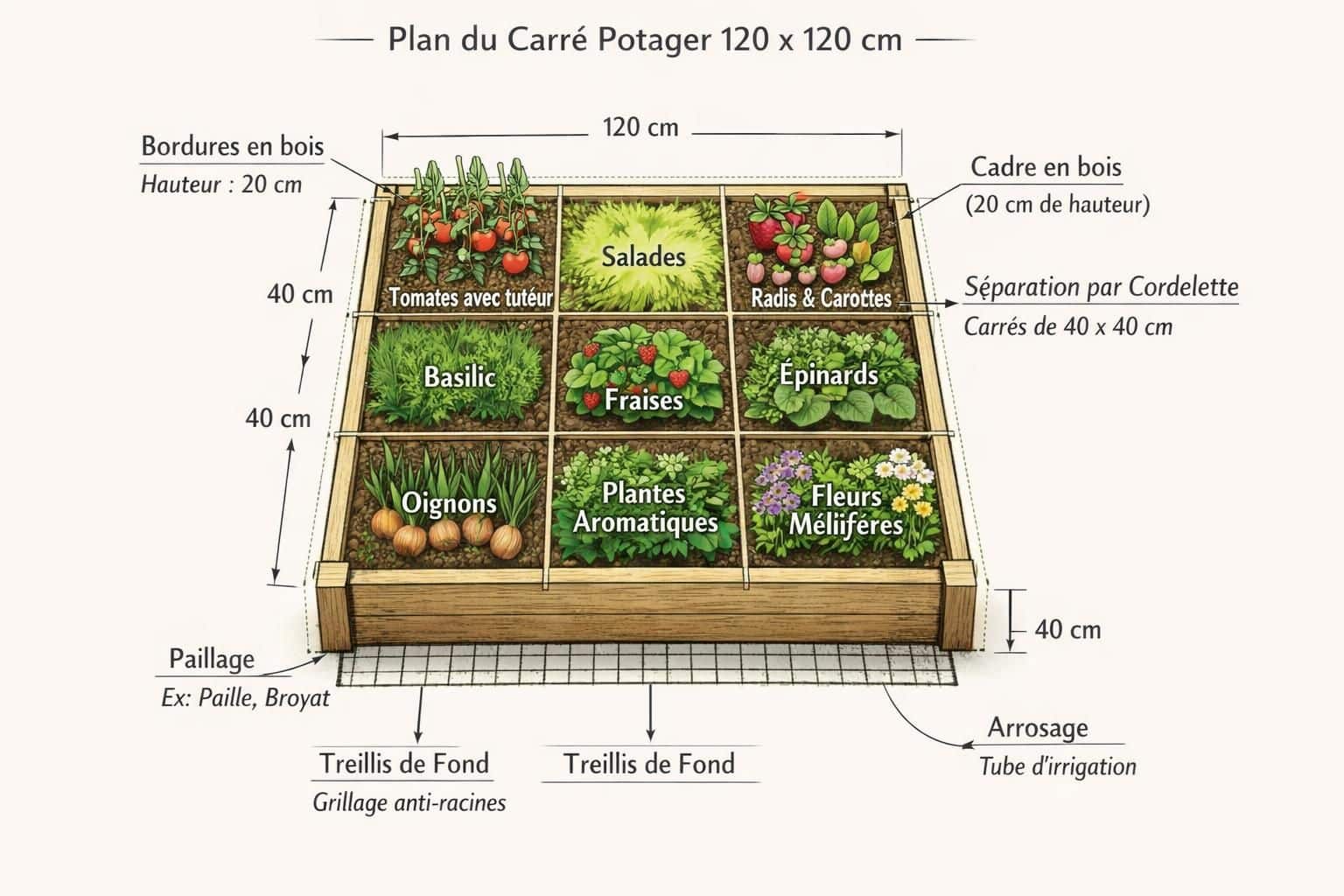 découvrez nos carrés potagers de 120x120 cm, idéals pour optimiser votre jardin en un espace compact et cultiver facilement vos légumes et herbes aromatiques.