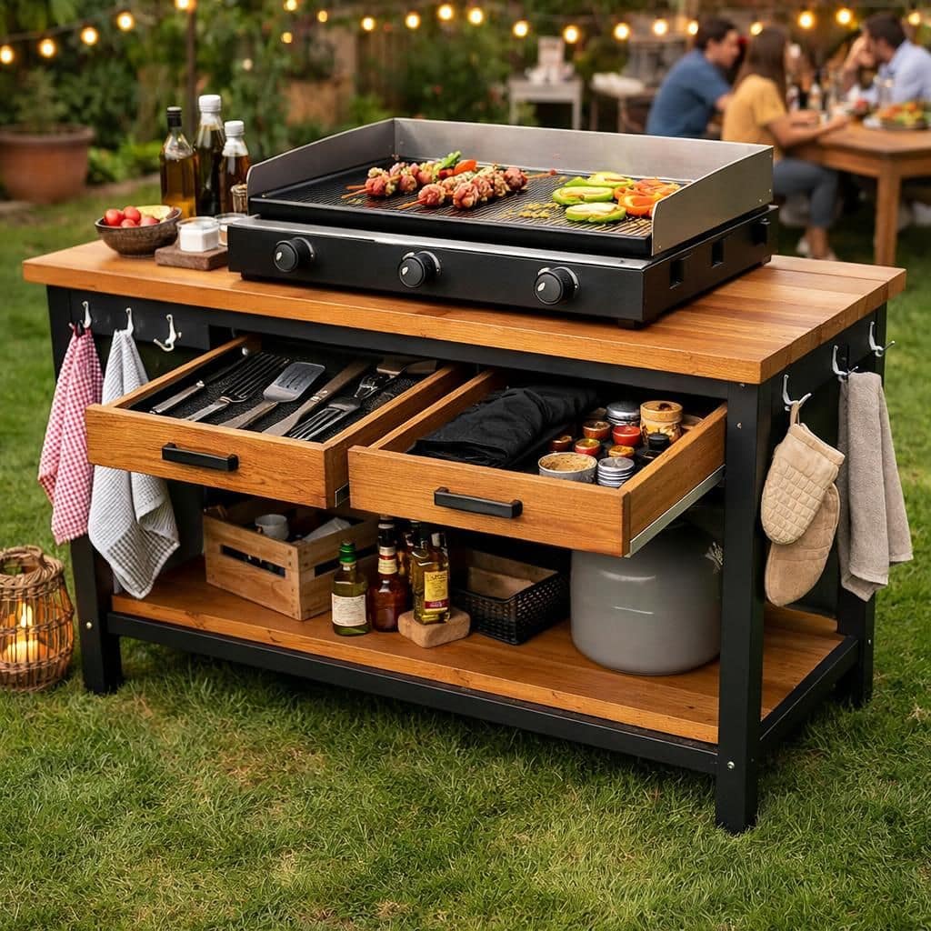 découvrez notre chariot de service pratique conçu pour votre plancha, offrant une mobilité aisée et un rangement optimisé pour une expérience de cuisson en plein air simplifiée.