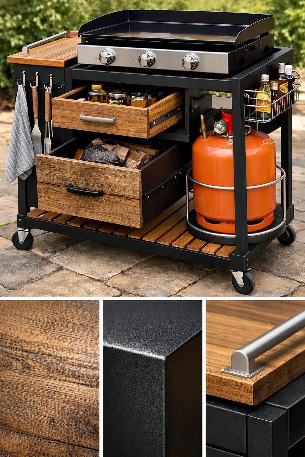 découvrez notre chariot de service pratique pour plancha, offrant une mobilité aisée et un rangement optimisé pour faciliter vos moments de cuisson en plein air.