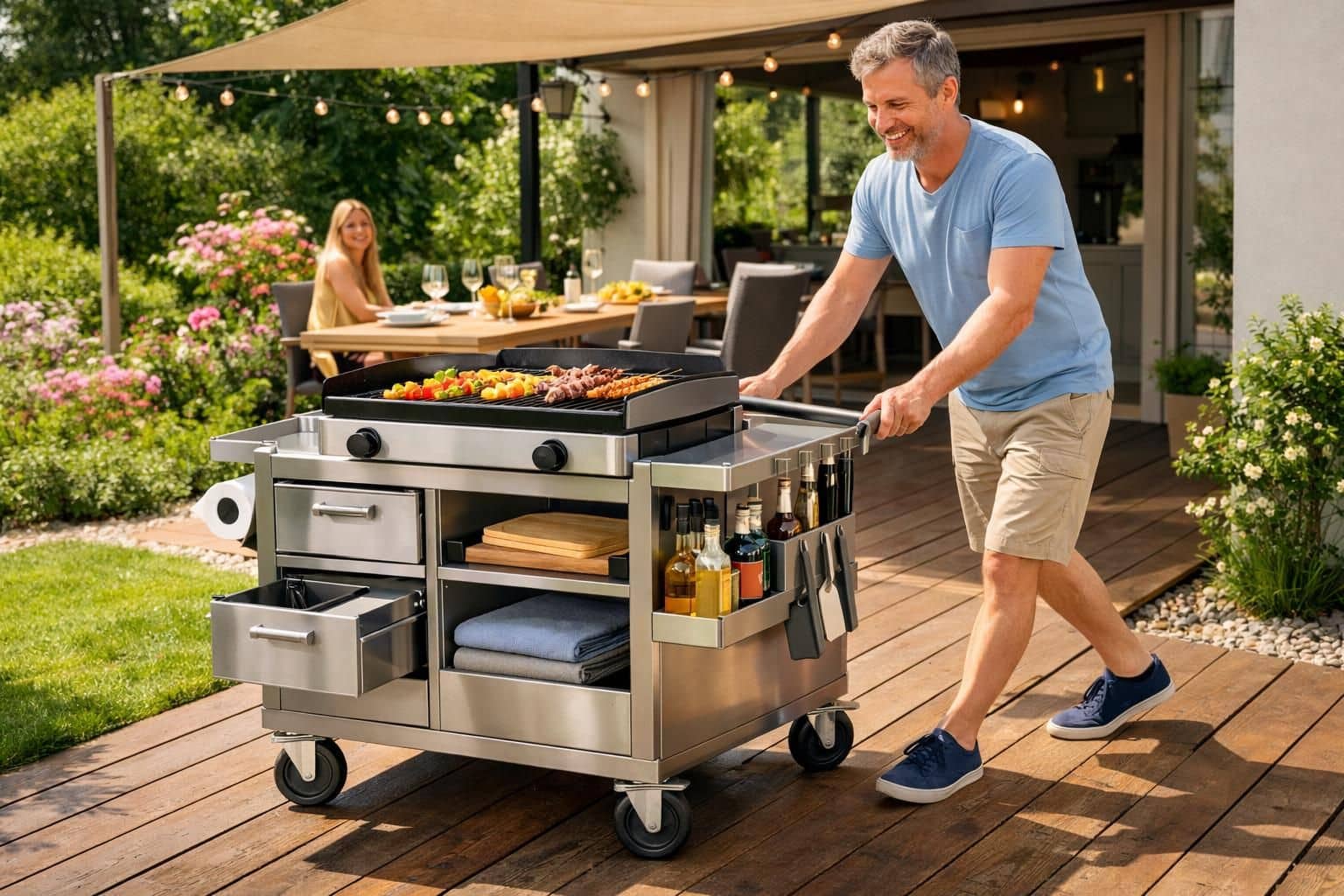 découvrez notre chariot de service pratique pour plancha, conçu pour faciliter la mobilité et optimiser le rangement de vos accessoires de cuisson.