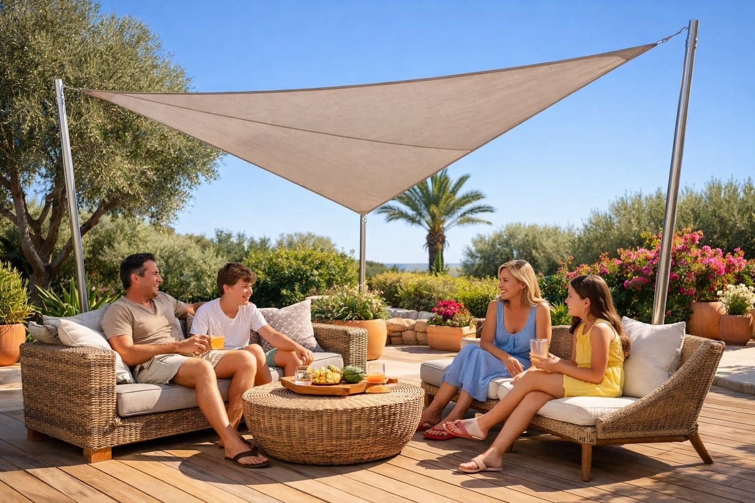 découvrez notre voile d'ombrage triangulaire de 3 mètres, une solution élégante et efficace pour protéger vos espaces extérieurs du soleil tout en ajoutant une touche design.